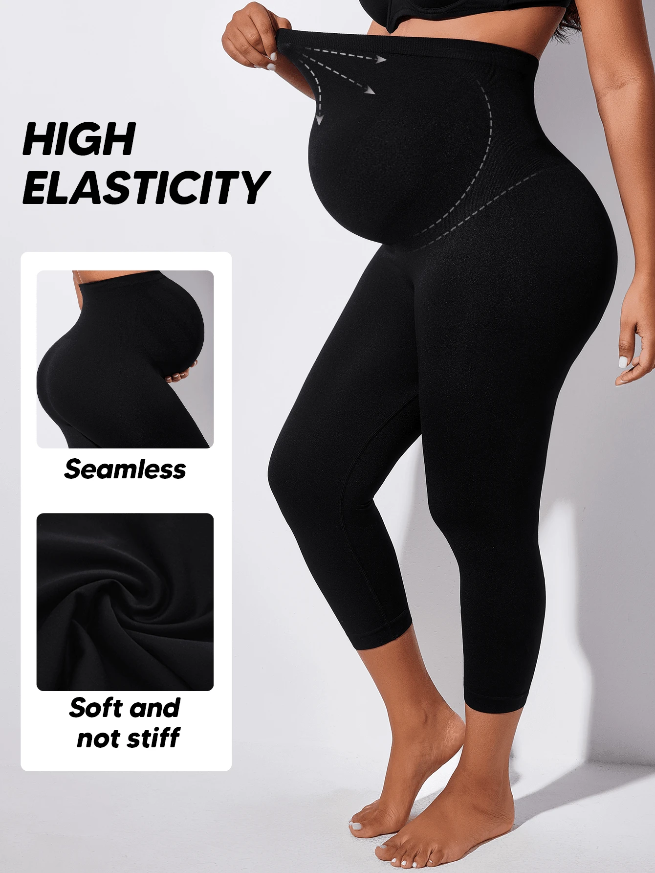 Women's High Waist Full-Length Leggings Seamless Abdominal Support Maternity Pants Mesh Breathable With Expandable Belly Panel