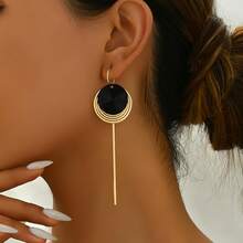 1对新款创意百搭休闲简约圆形黑金螺旋图案长款耳钉 - 金黃色 - 查看 5