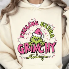 Winter Clothes For WomenChristmas Holiday Hoodie With Feeling Extra Grinchy Today Print - Festive Green Character Design, Perfect For Christmas Seaso - 杏色 - 查看 14