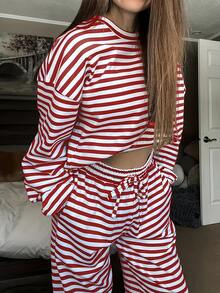 2pcs Women Solid Color Minimalist Striped Pajama Set, With Pockets, Drawstring Pants And Contrast Color Round Neck Top - Red - View 5