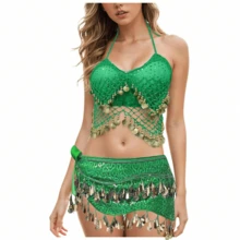 Women's Backless Crop Top With Sequins, Beads, Tassels And Tie, Short Midriff Belly Dance Top, Bohemian Style, Festival Belly Dance Performance Costume, Dance Wear, Belly Dance Outfit, Fairy Accessories, Bodysuit, Mask, Cleopatra, Egyptian Belly Dance Costume - Multicolor - View 33