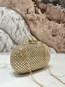 1pc Glamorous Gold Sparkling Rhinestone Handbag, Fashionable Elegant Handbag, Metal Chain Stylish Personality Handbag, Evening Bag, Rhinestone Metal Frame Bag, Valentine's Day Gift - Multicolor - View 3
