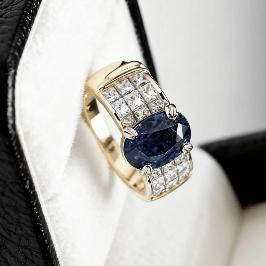 18K Gold Plated Elegant Ring With Blue And Clear Square Cubic Zirconia, Oval Shape - Luxury Copper Jewelry, Suitable For Wedding, Engagement, Anniversary, Valentine's Day Gift - Ring - View 1