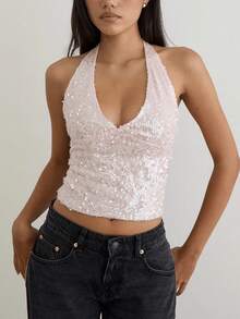 Women Sequin Halter Tank Top Y2K Sparkly Sleeveless Deep V Neck Crop Slim Fit Vest Crop Tops Summer Backless Bling Glitter Low Cut Shirts Going Out Tops Party Clubwear - 粉色 - 查看 3
