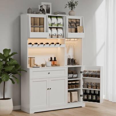 Modern 71" Tall Kitchen Pantry Cabinet With Sliding Doors, LED Light & Power Outlet, Wine Rack, Glass Holder And Drawers For Dining Room