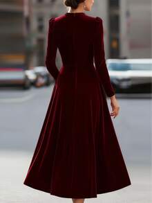 Solid Color Elegant Party Zip-Up Pleated Dress - Burgundy - View 2