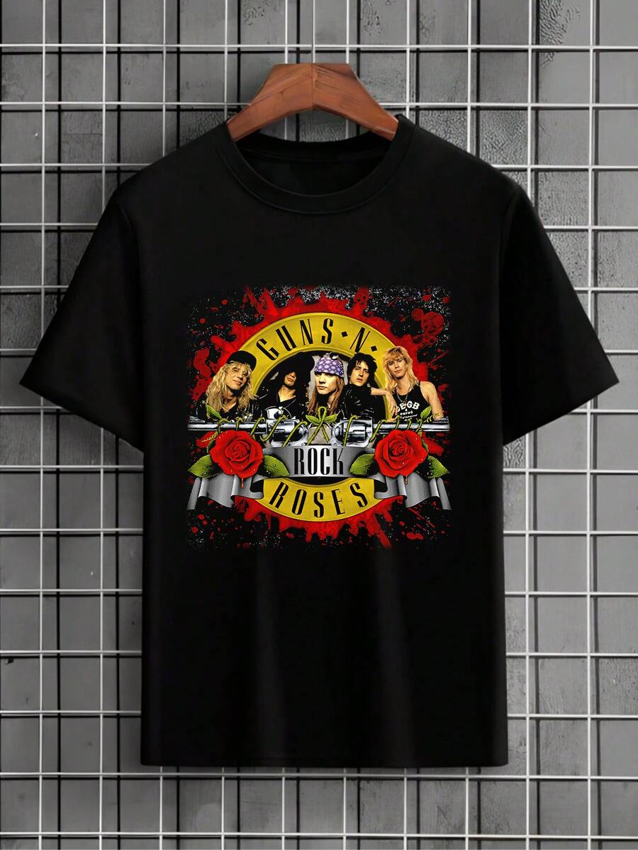 T-Shirt, Rock Band, International Music, Unisex Shirt/Blouse, Men's/Women's, 100% Cotton, New Release, Immediate Shipping, Black, White, Plus Size - 黑色 - 查看 1
