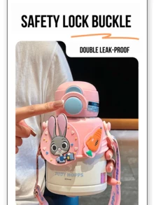 Judy Insulated Cup 600mL, Rotating Cup Sleeve, Adorable Judy Cartoon Print, SUS 316 Stainless Steel Liner, Lock Buckle, Double Leak-Proof, Pink Shoulder Strap Portable, Perfect For Daily Use, Office, Leisure, Outing, Ideal For Judy Hopps Fans, Cartoon Lovers, Young Women, Students, Office Workers, Lovely Gift For Friend/Lover - Judy - View 5