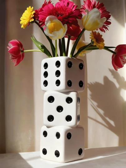 Black & White Dice Vase, Maximalist Decorative Ceramic Vase, Vintage Home Decor, Suitable For Desk, Bookshelf, Dining Table, Bar Cart And Vanity, Unique, Cool Room Decoration, Rama Gifts Stationery Glass Vase For Birthday, Graduation, Back To School