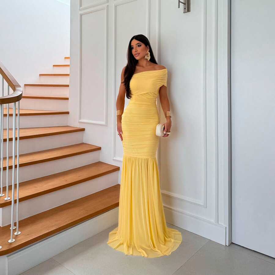 Women's Long Mermaid Tulle Dress For Bridesmaids, Graduations, Weddings, Debutantes - Fuchsia, Marsala, Olive - 黃色 - 查看 1