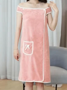 Ladies Shower Dress Coral Fleece Bathrobe - Thickened Wearable Bow Pocket Sling Bath Robe With Headband | Women's Long Plush Kimono Robe For Spa, Post Shower, Lounge | Ramadan Gift, Valentines Day Gift, Bridal Shower, Wedding Party, Christmas & New Year Pjs | Cozy Bathrobe Set For Women, Girls, Wives, Bridesmaids | Home Loungewear, Hotel Spa Wear, Bathroom Essentials, Luxury Gift Idea