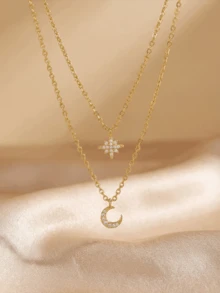 1件优雅双星月亮项链，925纯银首饰，闪亮时尚，精致首饰礼物，适合女孩生日、约会、舞会等场合。