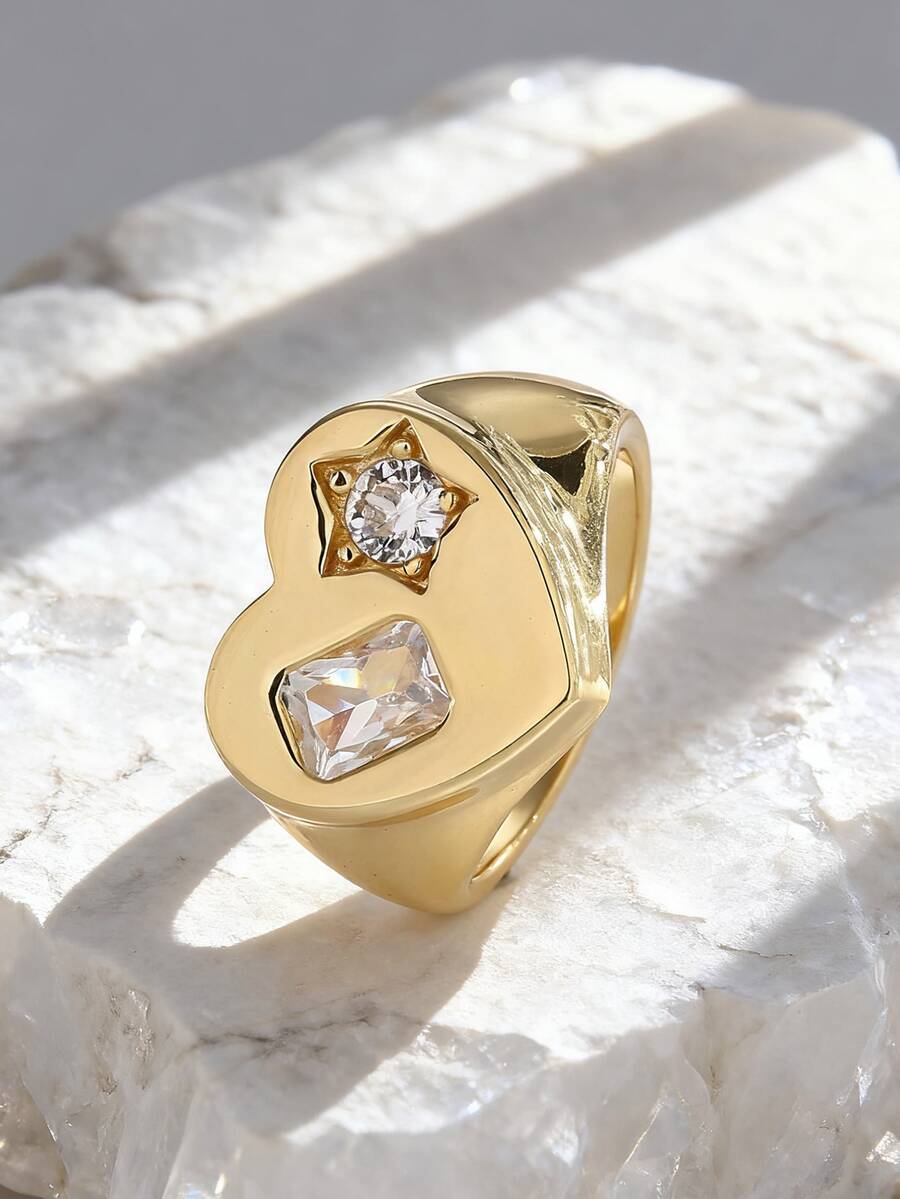 Charm-In 1pc Gold-Color Round Star Zirconia Stone Ring For Women, Daily Jewelry - Gold Model 4 - View 1