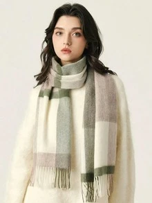 1条100%纯羊毛格子围巾/披肩，女士款，高品质冬季保暖围脖，生日礼物 - 綠色 - 查看 4