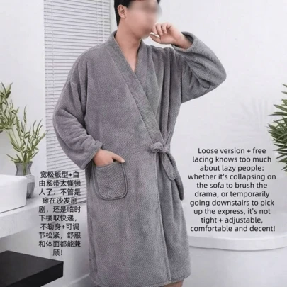 1 قطعة بشكل زائد عن المقاس ، رداء حمام رجالي من الفليس المبطن، ملابس نوم رجالية، رداء حمام، منشفة حمام للكبار، أكمام طويلة سميكة ماصة ناعمة، رداء استحمام فضفاض ومريح، ملابس منزلية دافئة مقاس كبير إضافي لديكور الحمام