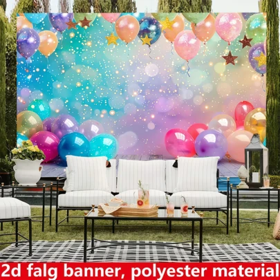 1PC,2D Flat,Colorful Balloon Birthday Backdrop Banner, Made Of Polyester Fabric, Featuring Bright Balloons And Sparkling Stars. Suitable For Living Rooms, Bedrooms, Offices, Birthdays, Anniversaries, Home Decor, Outdoor And Indoor Parties, Photography Backdrops, And Birthday Party Supplies.