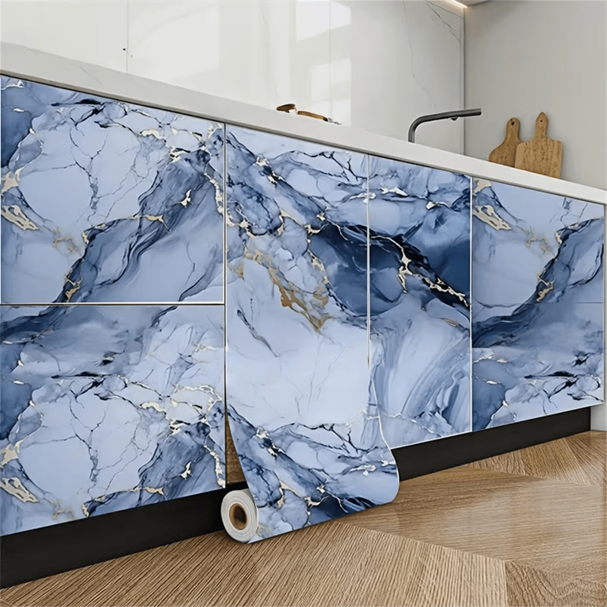 1 Roll Blue Marble Pattern Waterproof Removable Wallpaper, Glossy Marble Texture, Suitable For Kitchen, Bathroom, Table, Can Be Used As Sticker, Vinyl Decal, Home Decor, Spring Decoration, Add New Style To Your Home, Holiday Decoration, Birthday/Graduation Gift, Wallpaper, Wall Sticker, Room Decor, Wall Decor