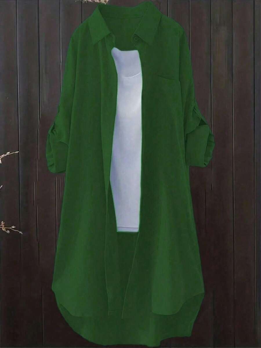 Women's Casual Solid Color Roll-Up Sleeve Shirt, Spring/Autumn - Green - View 1