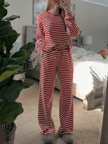 2pcs Women Solid Color Minimalist Striped Pajama Set, With Pockets, Drawstring Pants And Contrast Color Round Neck Top - Red - View 3