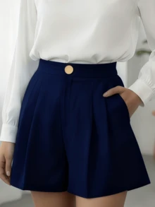 New Pleated Mid-Rise Shorts In Woven Fabric With Front Zipper And Elastic Waistband, Slim Waist, Versatile, Comfortable And Stylish Shorts For Everyday Wear S M L - 藏蓝色 - 查看 3