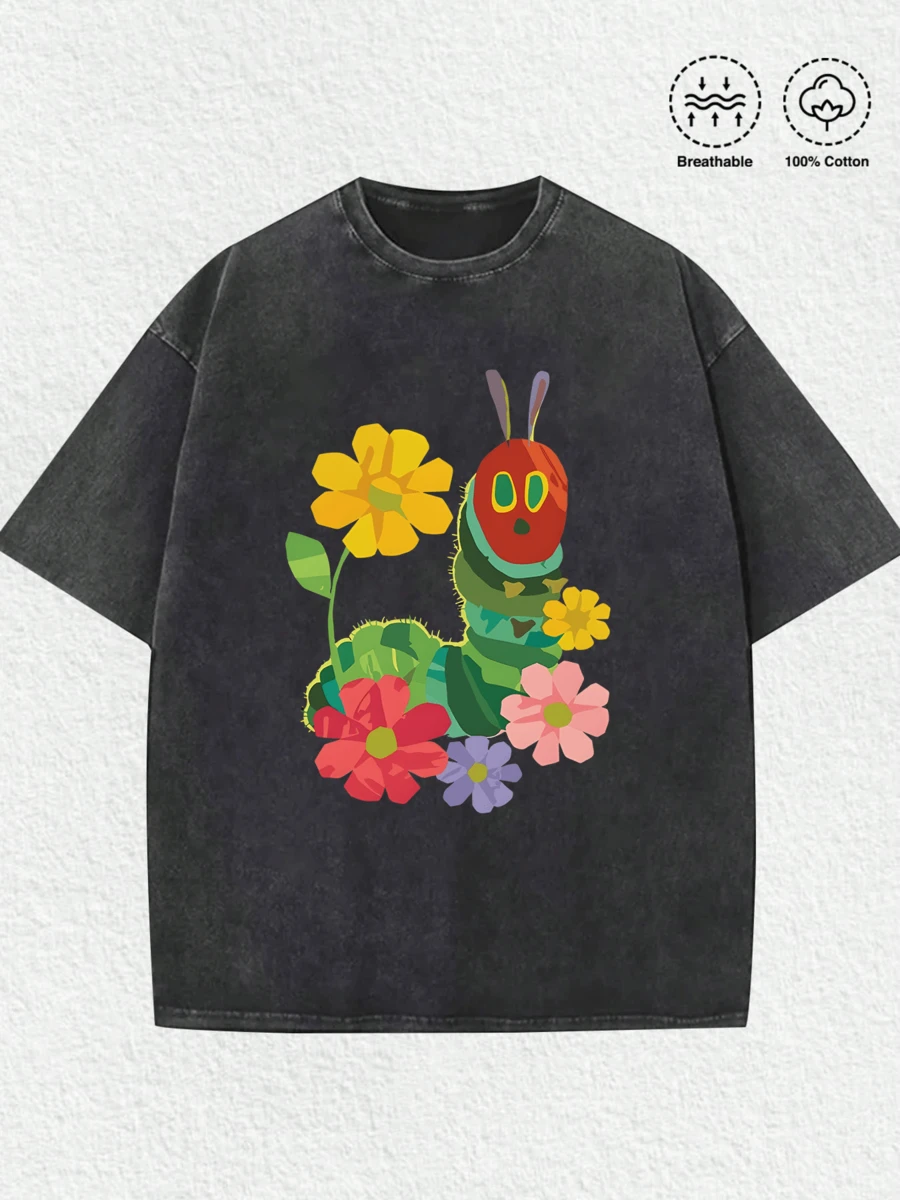 Eric Carle's CaterpillarS-Themed Graphic Tee,Casual Digital Print Pure Heavy Cotton T Shirt,220g Cotton T-Shirt,Gift,Summer,Unisex - 黑色 - 查看 1