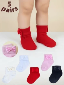 5双装婴儿纯色短袜，新年袜，经典红、黑、白、粉、米色，饰有蝴蝶结，色彩鲜艳，柔软舒适，适合春、夏、秋季日常穿着，适合0-3岁宝宝，节日袜，精美礼物，情人节袜 - 彩色 - 查看 2