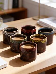1/5 Packs Aesthetic Ceramic Cups (Kiln - Changed/Rough Finish) | Camel & Coconut Tree Design | 120ml/250ml For Espresso, Tea, Coffee | Home, Office & Camping Use - Multicolor - View 3