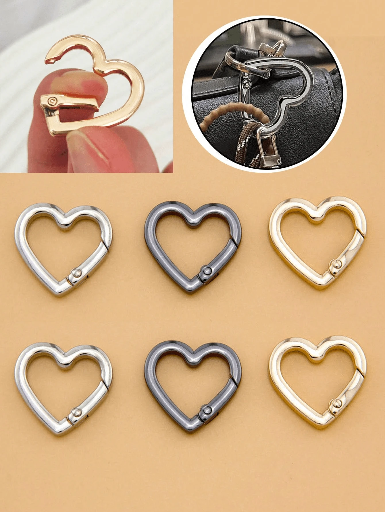 3pcs Heart-Shaped Spring Ring Metal Buckles | Spring Buckles For Bags, Clothing, And Accessories; DIY Luggage And Keychain Hardware Accessories; Sturdy, Durable, And Versatile - 金色 - 查看 1