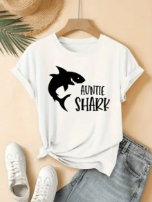 Camiseta negra de mujer con cuello redondo temática de tiburón diseño casual 100% algodón 220 gramos estilo moderno con estampado digital 1 unidad de alta calidad ideal para verano y uso diario - Blanco - Ver 8