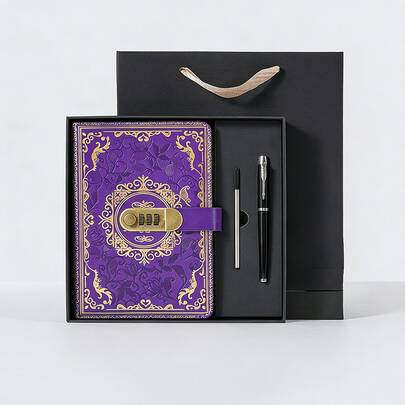 Cuaderno de cuero vintage con cerradura de combinación, formato A5, diario secreto con estampado floral, páginas interiores rayadas, un regalo para damas y niñas, incluye bolígrafo y caja de regalo.