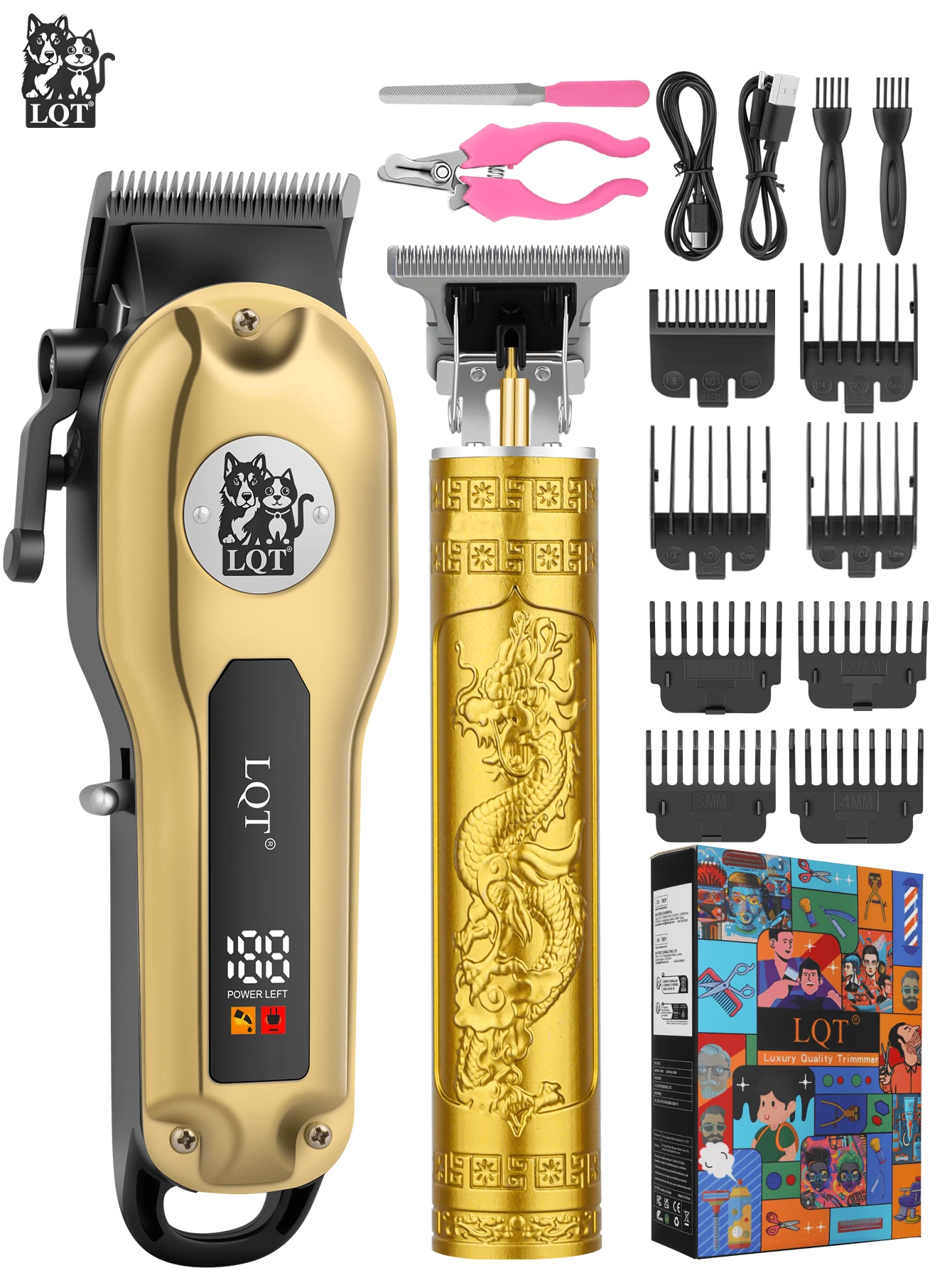 LQT 狗狗电动理发器套装 | 家用狗狗理发器 | 低噪音低震动，不伤皮肤 | 可修剪脚毛、脸部及全身毛发 | 配备宠物指甲钳 | 新手友好型套装，圣诞节宠物主人必备 - 金色 - 查看 1