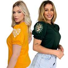 Kit 2 Blusas Femininas Conforto Premium Bufante & Princesa - Amarelo e Verde Militar - Visão 12