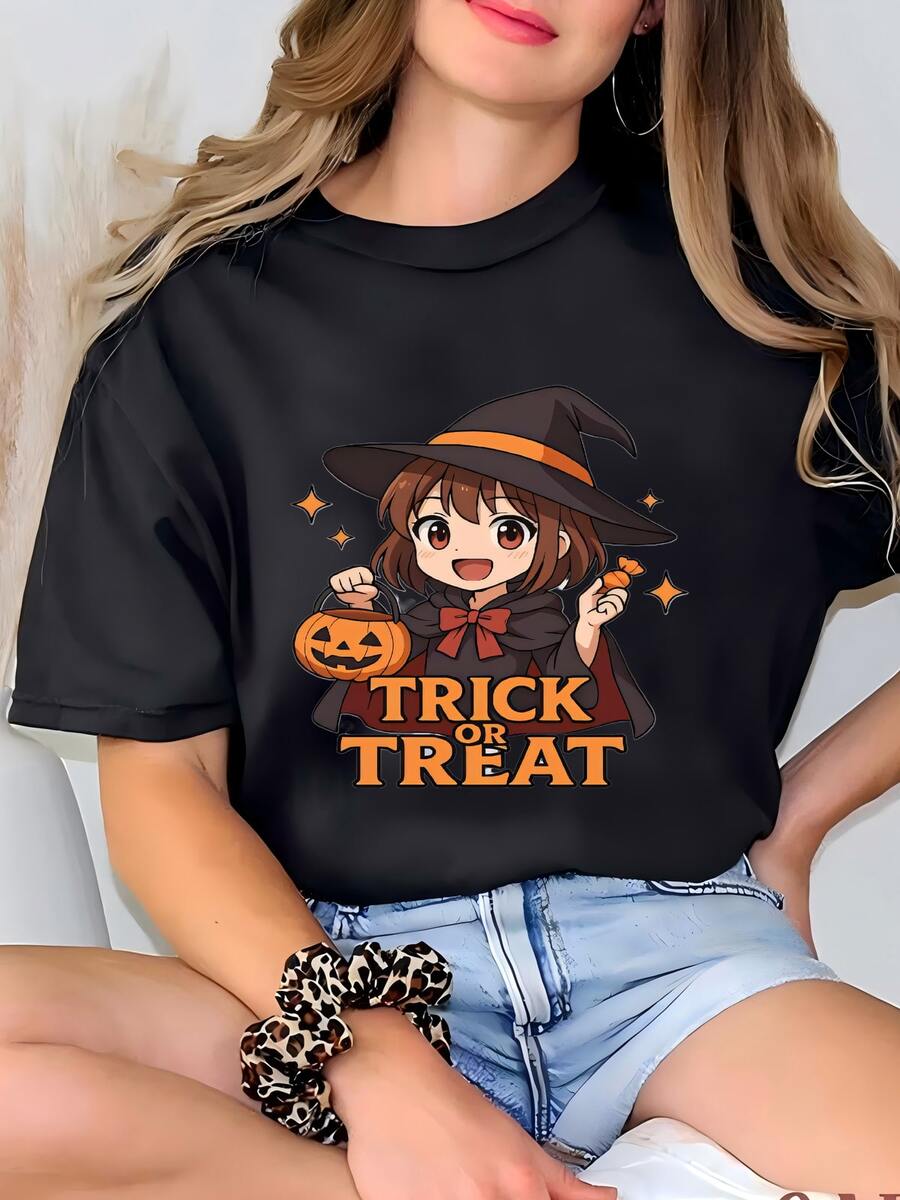 Womens Trick Or Treat Halloween Anime Witch Sweatshirt, Cute Kawaii Pumpkin Pullover, Spooky Season Gift Sweater T-shirt - Negro - Ver 1