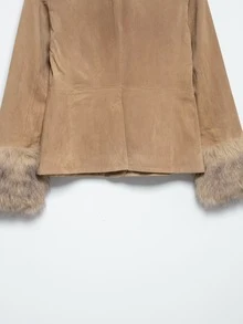 Seelio Autumn/Winter New European & American Fashion Minimalist Suede Leather & Faux Fur Effect Blazer - Light Brown - View 9