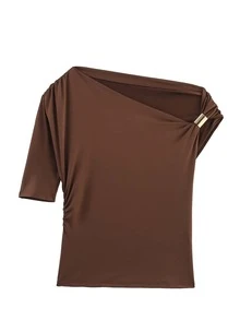 Women's Brown Asymmetric One Shoulder Ruched Top For Summer Beach Vacation Slim Fit Simple Tops - Brown - View 2