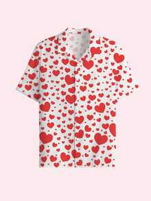 Personalized Hawaiian Shirt For Men, Brazil Collar Button-Up Shirt, Spring/Summer Vacation Outfit, Heart Print Short Sleeve Shirt With Funny Face, Customized Beach Holiday Shirt, Couple Matching Shirt, Unique Valentine's Day Gift For Boyfriend, Husband, Family, Friends - Multicolor - View 4