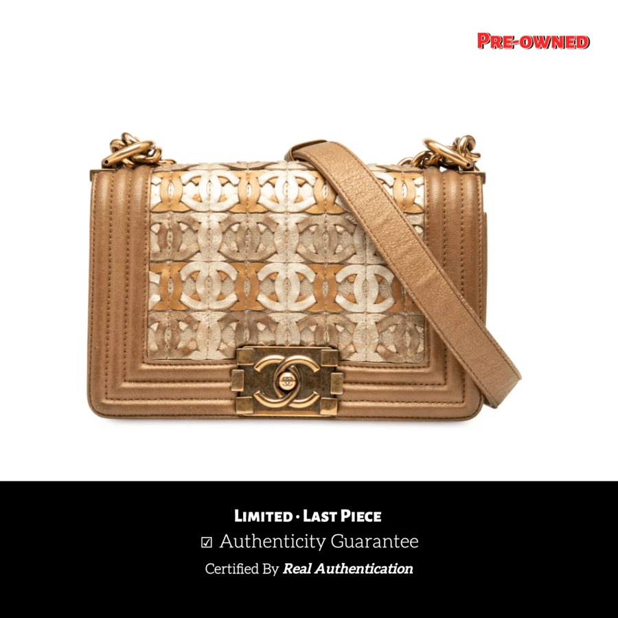 CHANEL Authenticated  PRE-OWNED Small Quilted Metallic Lamb-Skin Interwoven CC Boy Flap Bag - 棕色 - 查看 1