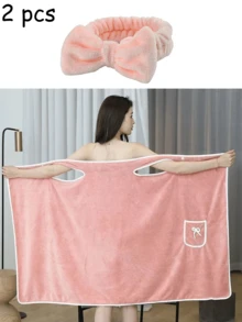Ladies Shower Dress Coral Fleece Bathrobe - Thickened Wearable Bow Pocket Sling Bath Robe With Headband | Women's Long Plush Kimono Robe For Spa, Post Shower, Lounge | Ramadan Gift, Valentines Day Gift, Bridal Shower, Wedding Party, Christmas & New Year Pjs | Cozy Bathrobe Set For Women, Girls, Wives, Bridesmaids | Home Loungewear, Hotel Spa Wear, Bathroom Essentials, Luxury Gift Idea