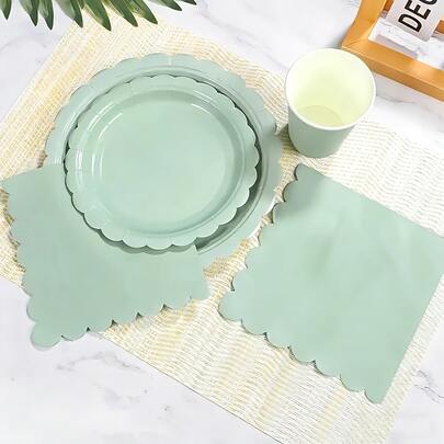 Elegant Grey Green Party Set For 10 Guests - Includes Scalloped Paper Plates, Napkins & Cups - Ideal For Weddings, Birthdays & Special Celebrations