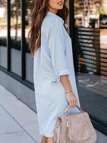 Women's Striped Classic Long Sleeve Shirt, Fitted Collared Blouse, Casual Office Wear With Pockets Spring - Light Wash - View 2