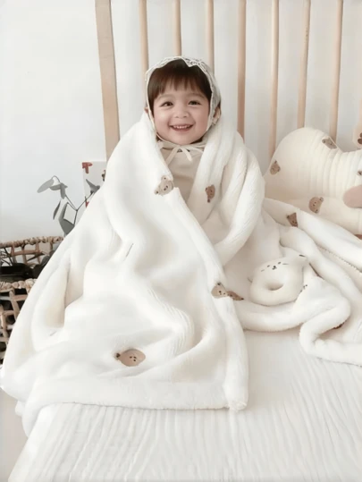1件婴儿刺绣绒毯，婴儿柔软毯子，多熊图案，四季通用便携式新生儿襁褓毯