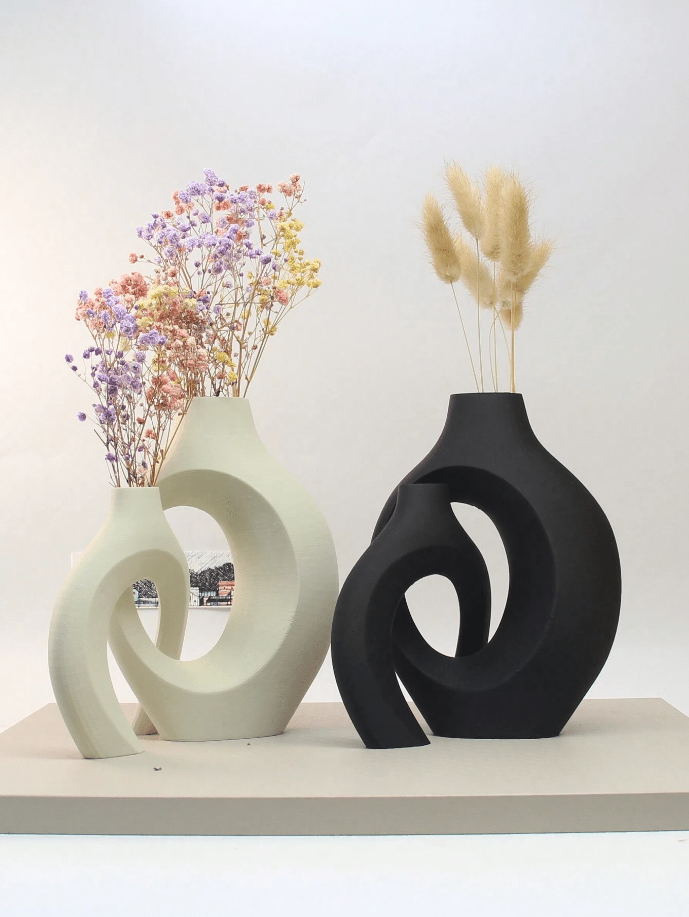 2件套现代花环花瓶套装，创意简约白色装饰花瓶，适用于客厅、玄关、书架、壁炉架、中心装饰