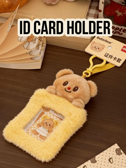 Butter Bear Pink Plush ID Card Holder Plush Keychain - Fuzzy Soft Card Wallet With Cute Brown Bear Topper, Transparent Window For Easy Viewing, Large Capacity Dual Slot Design Holds 2 Cards Securely, Co-Branded Polyester Plush Material For No Scratch, Kawaii Aesthetic Gift For Teens, Adorable Functional Purse Backpack Decoration, Suitable As A Christmas Gift Or For Giving To A Boyfriend Or Girlfriend,Perfect For Gift & Desk Decor