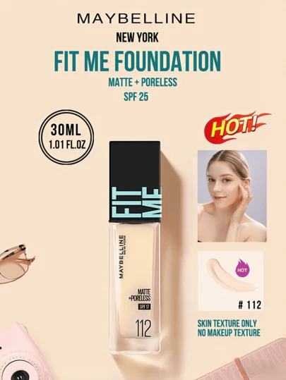 Maybelline Fit Me 哑光无瑕粉底液 SPF 17 #112 奶油象牙色，5/30ml，24 小时保湿，三合一（妆前/补妆/提亮），无痕哑光妆效，持久滋养，轻松三步上妆，适合白皙至浅肤色及油性肌肤，打造持久无瑕底妆。