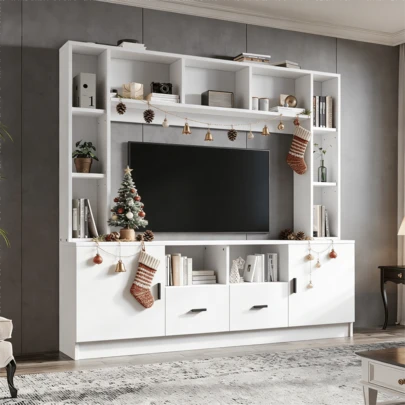 Wall-Mounted TV Unit 180 X 35 X 170 Cm With A Glass-Fronted Cabinet, Including A TV Stand And A Shelf. This Living Room Unit With 2 Cupboards, 2 Drawers, And 11 Storage Compartments Is Ideal For TVs Up To 60 Inches (152 Cm). Color: White.