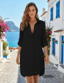 Women's Beach Cover-Up With Pocket, Plain, Soft, Lightweight, Comfortable, Long Sleeve, Simple Button Closure, Casual Beach Vacation Shirt Dress - 黑色 - 查看 1