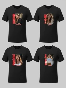 Customized Text & Graphic Loose T-Shirt, Personalized Family Gathering, Group Outfit, Customize Your Text & Photo/Couple/Family/Pet/Friend, Music Festival Outfit, Autumn Clothing, Women's Top, Fall Outfit, White Top, Holiday Gift, Valentine's Day Gift, Anniversary Gift, Wedding Gift, Best Friend Gift, Music Festival Women's Wear - Black - View 2