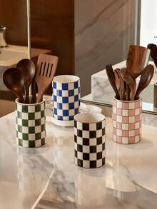Black & White Plaid Bathroom Toothbrush Holder, Black & White Ceramic Toothbrush Holder, Modern Toothbrush Cup, Suitable For Bathroom Countertop Storage Rack, High-Quality Black & White Plaid Ceramic Utensil Holder, Desktop Pen Cup, Cutlery Storage Box
