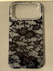 优雅浪漫蕾丝花卉印花闪光透明软壳手机壳，兼容 17 Pro Max、17 Pro、17、16 Pro Max、16 Pro、16、15 Pro Max、15 Pro、15、14 Pro Max、14 Pro、14、13 Pro Max、13 Pro、13、12 Pro Max、12 Pro、12、11，创意时尚透明软壳，光泽果冻材质，防震保护套 - 黑蕾絲 - 查看 3