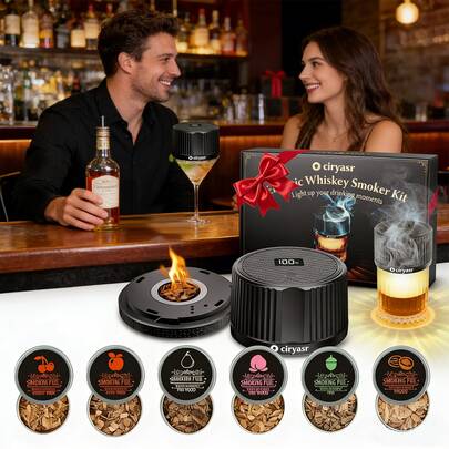 Electric Whiskey Smoker Kit , Rechargeable Cocktail Smoker Kit With 4 Light Modes &6 Wood Chips,Old Fashioned Whiskey Accessories,Bourbon Gifts ForMen, Dad, Husband, No Butane